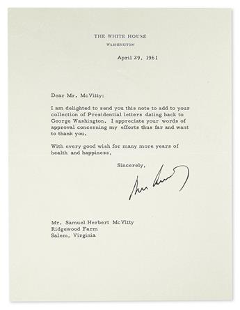 KENNEDY, JOHN F.; AND (LYNDON B. JOHNSON). Two White House letters to collector Samuel Herbert McVitty: Kennedy. Typed Letter Signed, a